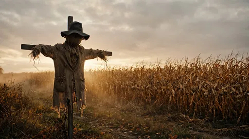 Scarecrow in Autumn Cornfield at Dusk