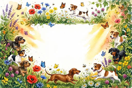 Watercolor Dog and Wildflower Border Frame