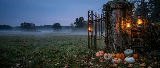 Misty Twilight Gate With Lanterns and Pumpkins