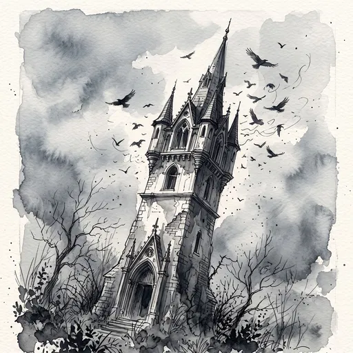 Monochrome Watercolor Gothic Tower With Ravens