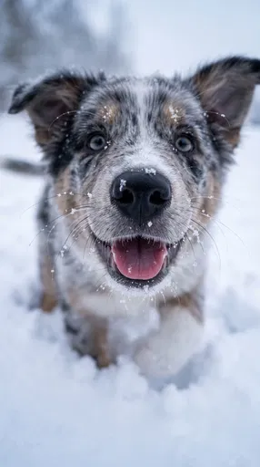 Australian Shepherd Puppy in Winter Snow