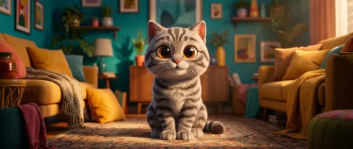Stylized 3D Gray Tabby Cat Indoors