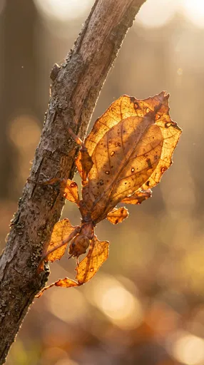 Backlit Autumn Leaf Insect on Branch
