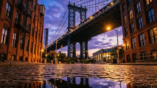 Twilight Bridge View from Brooklyn Cobblestone Street