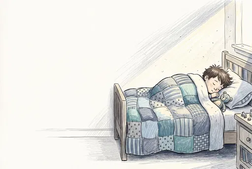Sleeping Boy Under Patchwork Quilt Illustration