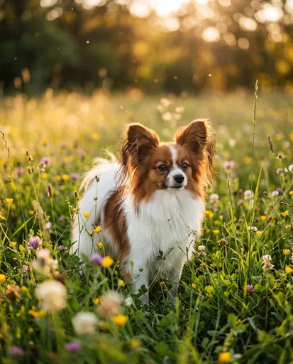 Papillon Dog in Golden Hour Meadow