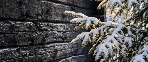 Snowy Spruce Branches Against Dark Timber Wall