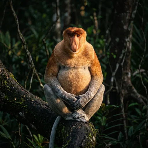 Proboscis Monkey Sitting on Jungle Branch
