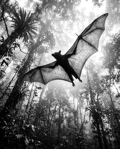 Monochrome Flying Fox Gliding Over Rainforest