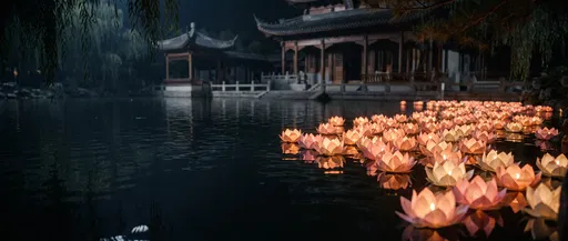 Glowing Lotus Lanterns on Temple Pond