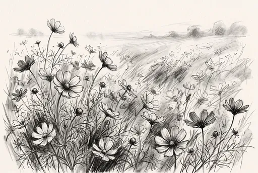 Charcoal Sketch of Wild Cosmos Field