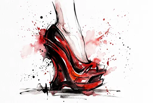 Red and Black Wedge Heel Watercolor Sketch