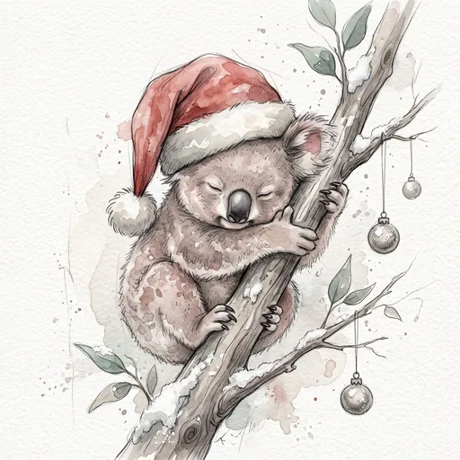 Watercolor Sleeping Christmas Koala on Branch