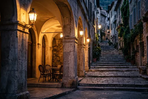 Lantern Lit Stone Colonnade and Stepped Alley