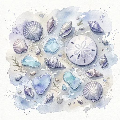 Watercolor Seashells and Sea Glass Flat Lay