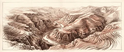 Sepia Pencil Sketch of River Canyon