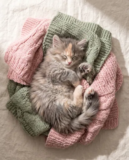 Sleeping Calico Kitten on Knitted Blankets