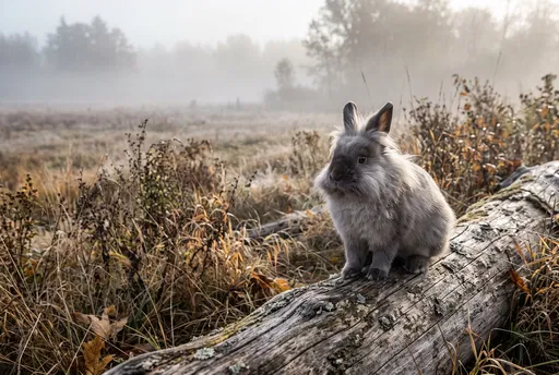 Grey Lionhead Rabbit on Weathered Log