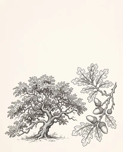Botanical Oak Tree and Acorn Illustration