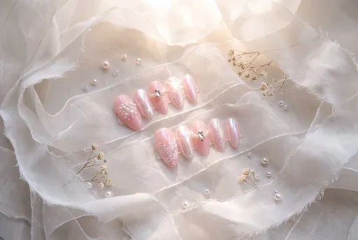Pastel Pink Bridal Press-On Nails Flat Lay