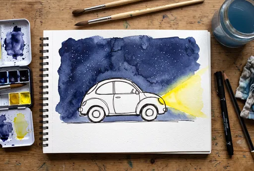 Watercolor Sketch of Compact Car at Night