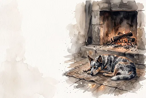 Watercolor Queensland Heeler Sleeping by Fireplace