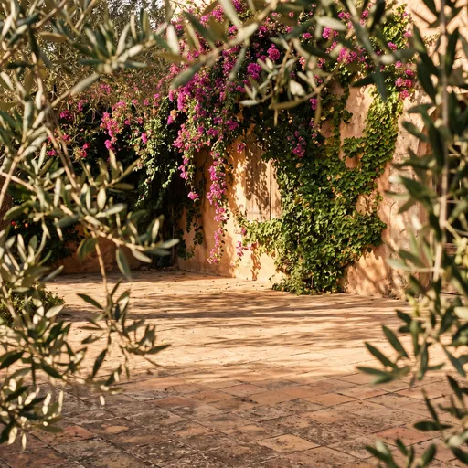Sunlit Mediterranean Courtyard with Bougainvillea