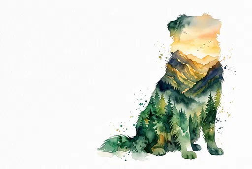 Watercolor Dog Silhouette with Mountain Landscape