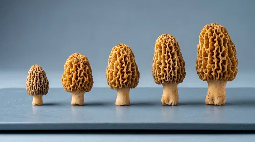 Five Graded Morel Mushrooms Lined Up