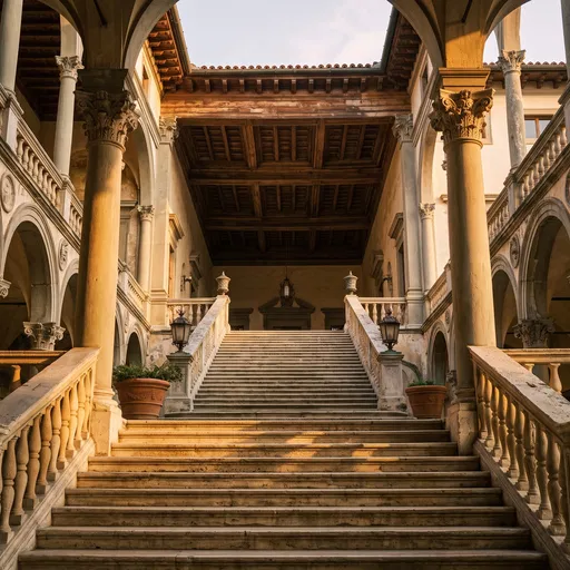 Grand Renaissance Palazzo Courtyard Staircase at Sunset