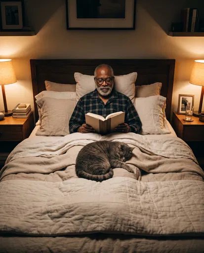 Older Man Reading in Bed with Cat