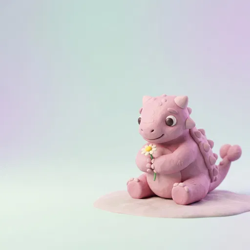 Cute Clay Pink Dinosaur Holding Daisy