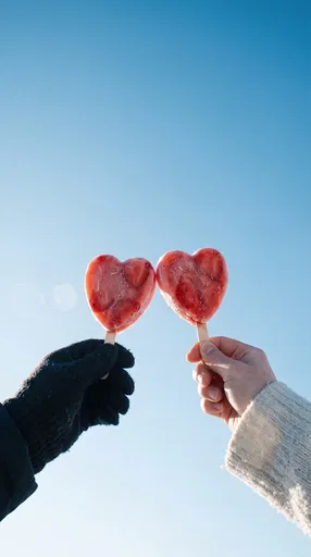 Hands Holding Heart Strawberry Popsicles Against Sky