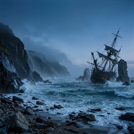Shipwreck on Misty Rocky Coastline at Dusk