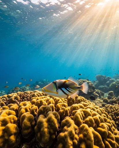 Hawaiian Reef Triggerfish Over Golden Coral