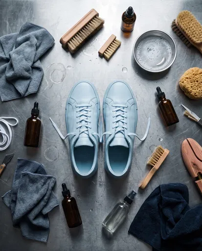 Flat Lay of Blue Sneakers Cleaning Station