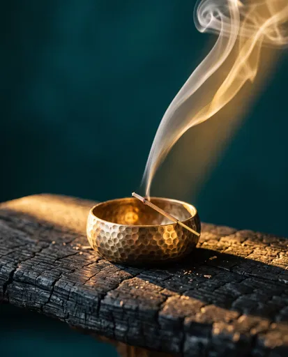 Burning Incense in Hammered Brass Bowl
