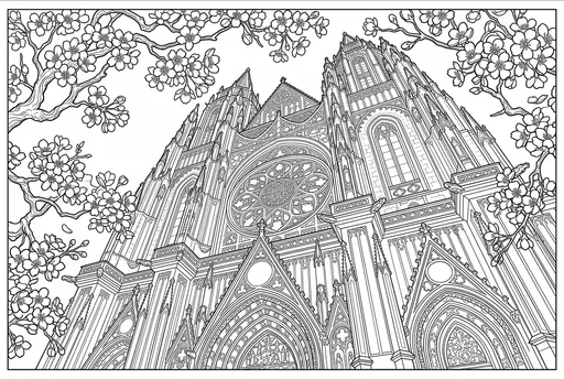 Gothic Cathedral and Cherry Blossoms Line Art