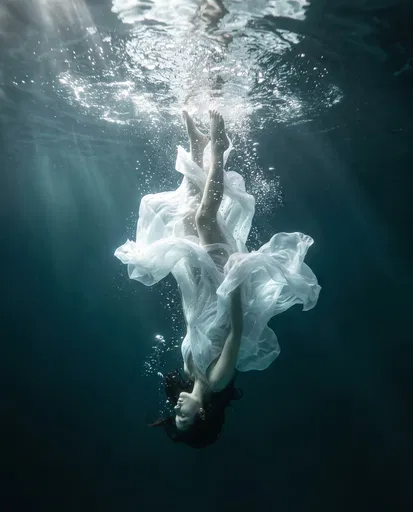 Figure Suspended Underwater in White Chiffon