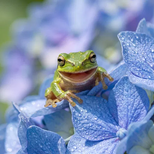 Smiling Green Frog on Blue Hydrangea