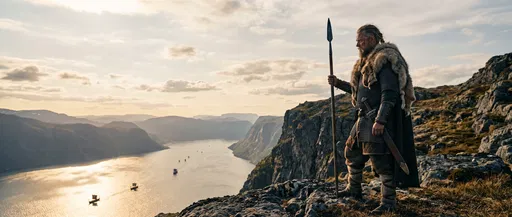 Viking Warrior Overlooking Fjord at Sunset