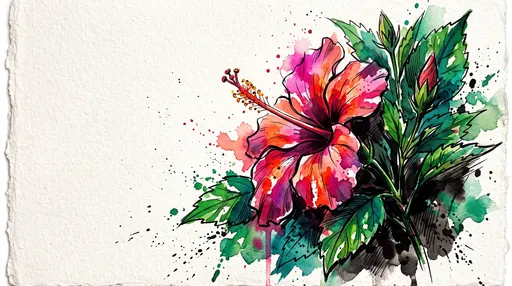 Watercolor and Ink Tropical Hibiscus Illustration