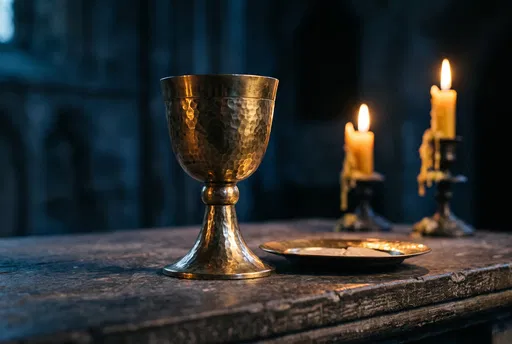 Brass Communion Chalice and Candles on Altar