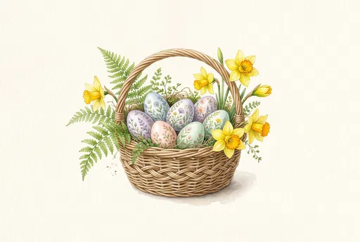 Watercolor Easter Basket with Eggs and Daffodils