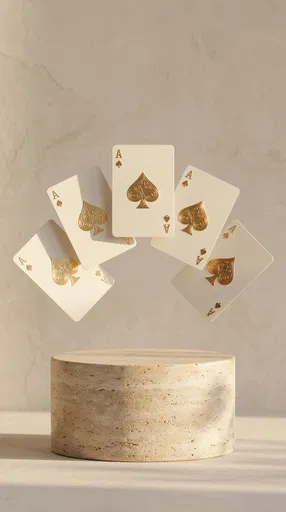 Five Gold Ace Playing Cards on Pedestal