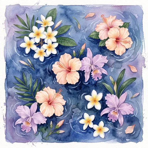 Watercolor Tropical Flowers Floating on Water