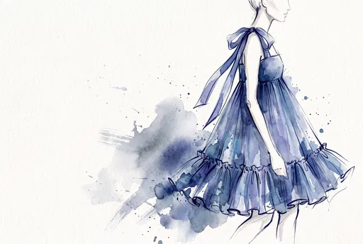 Watercolor Fashion Illustration of Blue Babydoll Dress