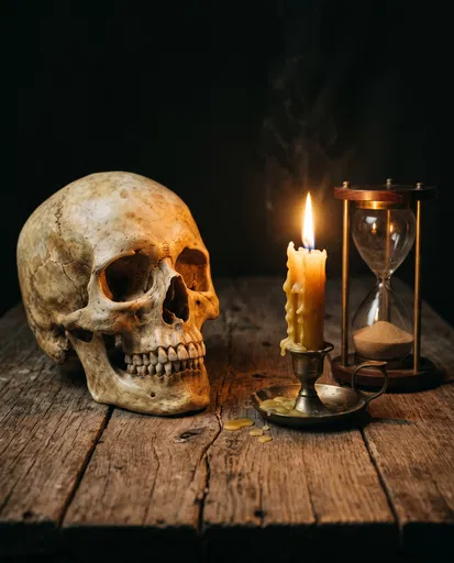Skull Candle and Hourglass Still Life