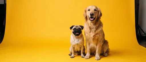 Pug and Golden Retriever on Yellow Backdrop