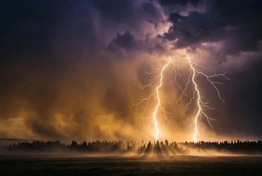 Lightning Striking Over Misty Pine Forest